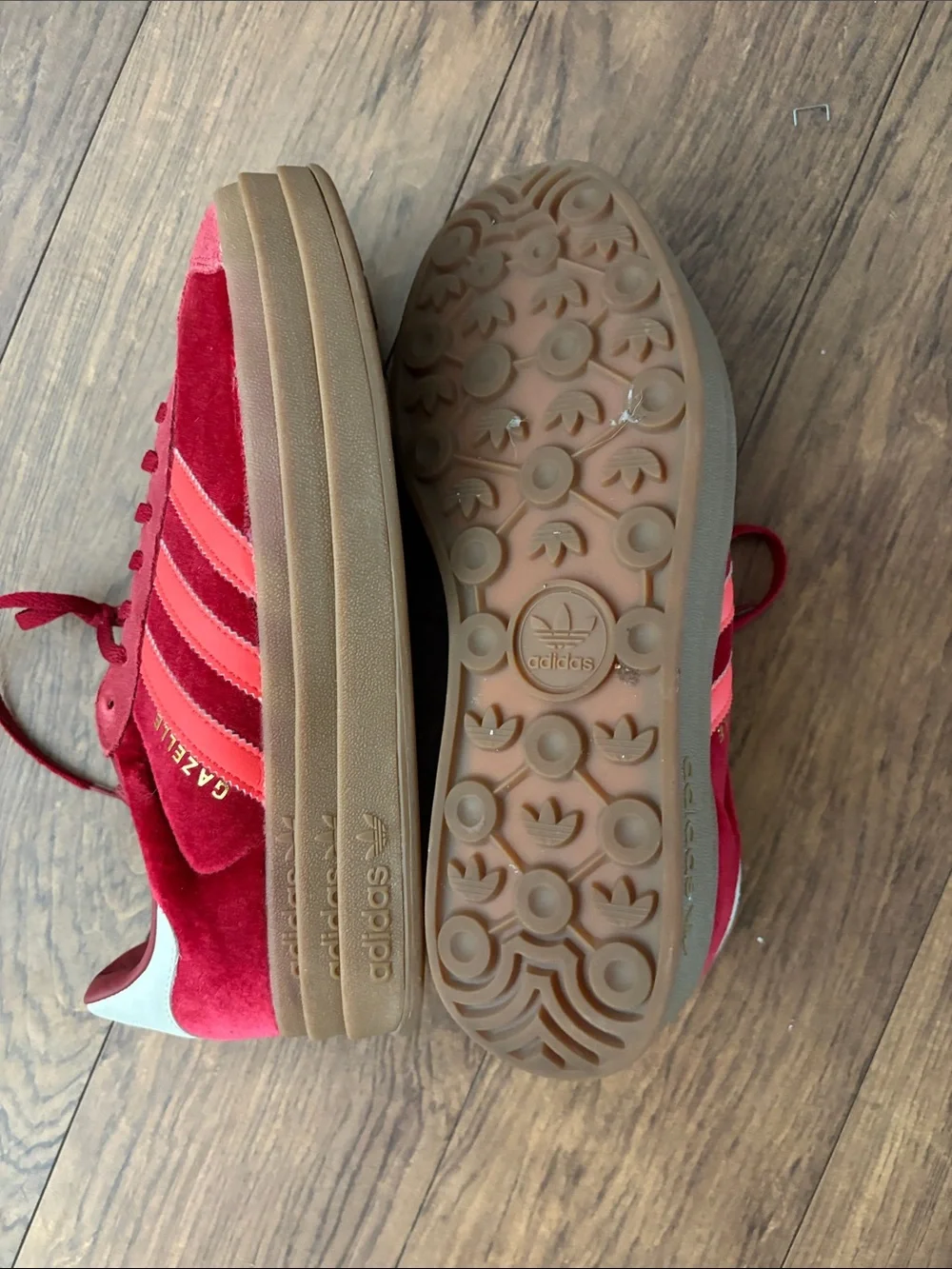 adidas Red Suede Gazelle Platform Sneakers with Coral Stripes - Picture 2 of 2